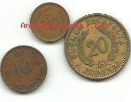 10 penniä 1926, 50 penniä 1940 Cu ja 20 mk 1939