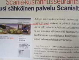 Scania Maailma 2002 nr 4, sis. mm; Scania siirtyy varaosissa eurohinnoitteluun, Uusi sähköinen seurantapalvelu, Rekkaveturi on myös monikäyttöauto, Oikea