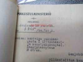 Puolustusministeriö / Littoisten Verkatehdas Oy -kirjeenvaihtokansio, joka käsitteelee tilattuja kankaita, niiden ominaisuuksia, toimituksia ym. puolustusvoimien