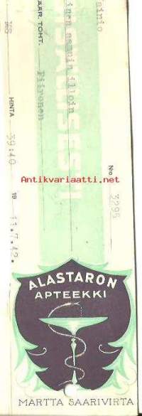 Alastaron Apteekki Martta Saarivirta, resepti  signatuuri  1949