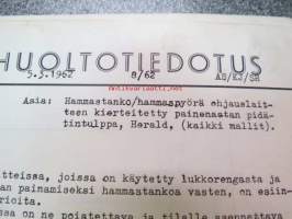 Triumph henkilöautojen huoltotiedotuksia 1960-luvulta, kerätty Sisu-kansioon (Oy Suomen Autoteollisuus Ab maahantuojana), vuosilta 1962-64