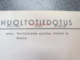 Triumph henkilöautojen huoltotiedotuksia 1960-luvulta, kerätty Sisu-kansioon (Oy Suomen Autoteollisuus Ab maahantuojana), vuosilta 1962-64