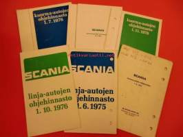 Scania kuorma,-linja-autojen hinnasto ja mittataulukkoja (6 kpl)