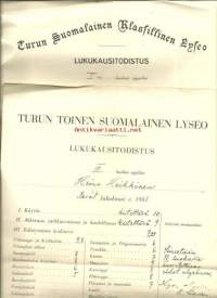 Turun Suomalainen Klassillinen Lyseo 1927 ja Turun Toinen Suomalainen Lyseo 1931  - koulutodistus  2 kpl