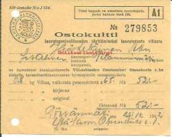 Ostokuitti luovutusvelvollisuuden täyttämiseksi villasta, Pörsänmäki Ylä-Savon Osuusliike 23.12.1942