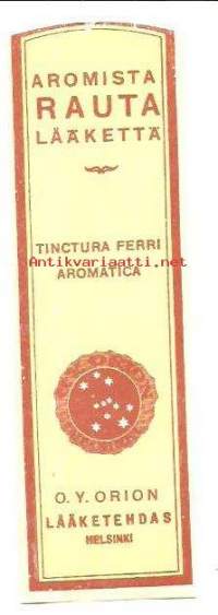 Aromista Rauta lääkettä - lääke-etiketti, apteekkietiketti, tuote-etiketti  1920-30-luku