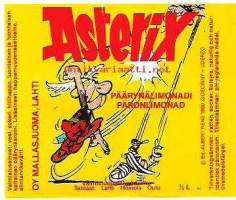 Asterix Päärynälimonadi keltainen -   juomaetiketti