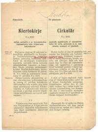 Kiertokirje virkamiehille 1919 - naftan, petrolin ym kuljetuskiellon kumoamisesta sekä viljatavaran kuljetuksesta