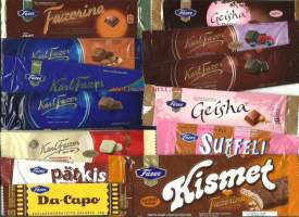 Suklaapatukan kääreitä uudehkoja 13 eril - tuote-etiketti, suklaakääre, makeiskääre