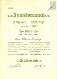 Transoceanic  Oy Ab,  1 000 smk  osakekirja,  Turku 31.12.1918
