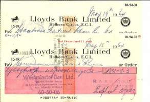 Lloyds Bank Limited  15.3.1964 ja 19.3.1964  shekki  2 kpl