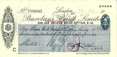 Barclays Bank Limited, London  1.4.1935   shekki