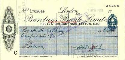 Barclays Bank Limited, London  8.4.1935   shekki