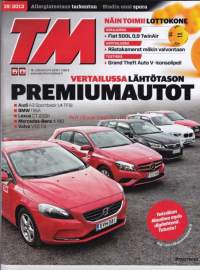 Tekniikan Maailma 19/2013.Vertailussa lähtötason Premium-autot: Audi A3 Sportback 1,4 TFSI, BMW 116iA, Lexus CT 200h, Mercedes-Benz A 180, Volvo V40 T3; Näin