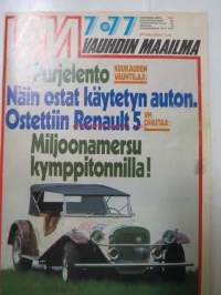 Vauhdin Maailma 1977 nr 7 -mm. Miljoonamersu kymppitonnilla, Purjelento kuukauden vauhtilaji, EM-Rallicross, Renault Formula ykkösiin, Moottoripyöräilyn