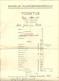 Mikkelin kuuromykkäinkoulu todistus 1935 - koulutodistus