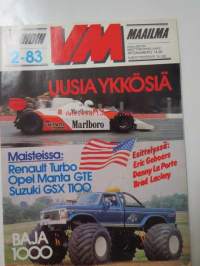 Vauhdin Maailma 1983 nr 2 -mm. Renault Alpine Turbo, Formula ykkösen uutiset, Mitsubishi Colt Turbo, Tunturiralli, Keke Rosberg maailmanmestari kertoo, Honda 1100