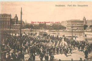 Stockholm, Parti från Skeppsbron  - paikkakuntakortti, raitiotievaunu kulkenut  8.5.1926
