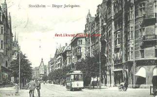 Stockholm,  Birger Jarlsgatan - paikkakuntakortti, raitiotievaunu kulkenut  8.7.1909