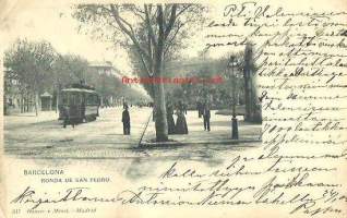 Barcelona Ronda de San Pedro - paikkakuntakortti, raitiotievaunu kulkenut 31.1.1904