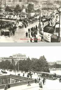 Stockholm,  Norrbro 1908 ja Slussen 1920-luvulla - paikkakuntakortti, raitiotievaunu kulkematon jälkipainos 2 kpl