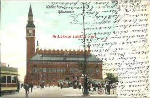 Köbenhavn Raadhuset - paikkakuntakortti, raitiotievaunu kulkenut  5.10.1906