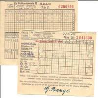 Veikkauskupongin täytetty kantalappu 1951, 2 kpl