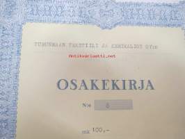 Turunmaan tekstiili ja ja kemikaliot Oy, osakekirja nr 8, 100 mk, 1978