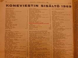 Koneviesti 1969 24-25 sis mm.Bedfordin pakettiautot.Traktorilumilinkoja.Moottorikelkat kuvat/tiedot.Traktorin lumi ja kitkaketjut.Sisällysluettelo 1969 ym