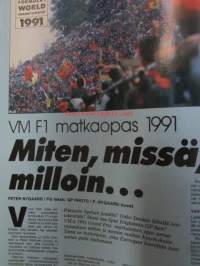 Vauhdin Maailma 1991 nr 3 -mm.  Formula 1 kausi 1991 nyt on tosi kyseessä, F1 matkaopas ja lukija kilpailu, Ralli-MM Ruotsi ja Monte Carlo,Ralli-EM hankiralli, Los