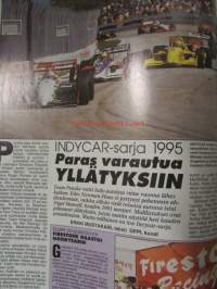 Vauhdin Maailma 1995 nr 4 -mm. Formula 1 Brasilia GP, Mitä on INDYCAR?, RRalli-MM Portugal, Ralli-SM jyväskylä oulu, Lontoo Mexico ralli, Toyota Corolla V8,