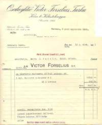 Victor Forselius Oy Kone- &amp; kalustokauppa,  lasku ja liikekirje 18.8.1921   - firmalomake 2 kpl