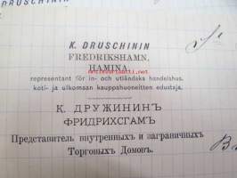 Appelberg-Druschinin -kirjeenvaihtoa ruotsinkielellä Pietarista Heinolaan (Heinola) koskien viinanpolttoasioita (-tehtailua) 1890-luvulla, mukana Hjalmar Grahn ja Co