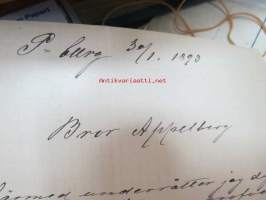 Appelberg-Druschinin -kirjeenvaihtoa ruotsinkielellä Pietarista Heinolaan (Heinola) koskien viinanpolttoasioita (-tehtailua) 1890-luvulla, mukana Hjalmar Grahn ja Co