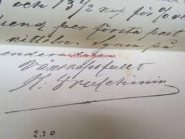 Appelberg-Druschinin -kirjeenvaihtoa ruotsinkielellä Pietarista Heinolaan (Heinola) koskien viinanpolttoasioita (-tehtailua) 1890-luvulla, mukana Hjalmar Grahn ja Co
