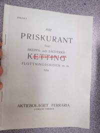 1922 Priskurant över Skepps- och sågverksketting, flottningssmiden m.m. från Aktiebolaget Ferraria - Loimijoki Fabriker - tuoteluettelo kettingeistä