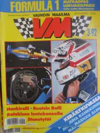 Vauhdin Maailma 1992 nr 3 -mm.  Formula 1 kausi 1992, Bernie Ecclestone, Formula 1 TV tekniikka, lukijakisa ja matkaopas, Drag-MM Winternationals, Virve ja Minna