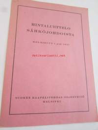 Hintaluettelo sähköjohdoista 1937 Suomen kaapelitehdas