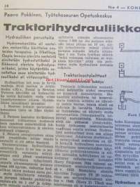 Koneviesti 1964 nr 4 -mm Kaksi syöttöjärjestelmää ja uusi rakenne, Maatalouskonekantamme kunnossapito, Lasivilla salaojaputkiston suojana, Kaivureiden kulutus