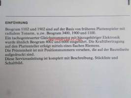 Bang &amp; Olufsen Beogram 1102, 1902 -Huolto-ohjekirja, katso tarkemmat tyyppimerkinnät kuvista