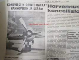 Koneviesti 1964 nr 8 -mm. Harvennustöiden koneellistaminen, 4-pyörävedon esiinmarssi USAssa, Heilurilevittäjä seiväskaira ja kuljetusteline, Jälleen uusi