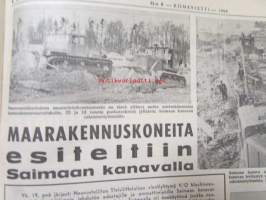 Koneviesti 1964 nr 8 -mm. Harvennustöiden koneellistaminen, 4-pyörävedon esiinmarssi USAssa, Heilurilevittäjä seiväskaira ja kuljetusteline, Jälleen uusi