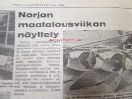 Koneviesti 1964 nr 8 -mm. Harvennustöiden koneellistaminen, 4-pyörävedon esiinmarssi USAssa, Heilurilevittäjä seiväskaira ja kuljetusteline, Jälleen uusi