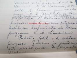 Turun yliopiston hallitus, kokouspöytäkirjan konsepti 23.3.1934, puhtaaksikirjoittamaton, mutta allekirjoitettu (Einar W. Juvelius myöh. Juva, Kaarlo Jäntere,