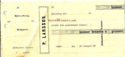 P.Larsson, Björneborg - blanko  lähetyslista __ kannor bränvin a procent  1800-luku