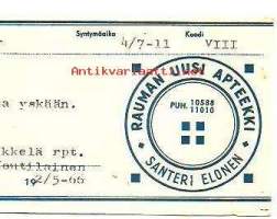 Rauman Uusi Apteekki   Santeri  Elonen, resepti  signatuuri  1968