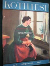 Kotiliesi 1932 nr 19  lokakuu (kansi Martta Wendelin ) Värikuva ryijy Eva Anttila. Kerrostalokeittiö vuosimallia 1932. Pikkukuvassa  Anni ja Petter Tuovinen