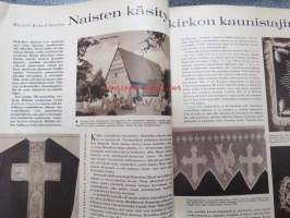 Kotiliesi 1963 nr 7. Aiheita: Tove Jansson kertoo Pikku Myystä ja Ninnistä.Naisten käsitöitä kirkon somisteena, kuvia Hollolan kirkosta ja käsitöistä.