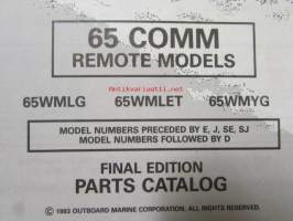 Johnson-Evinrude huolto 1993, 65 COMM Remote Models, final edition Parts catalog, katso tarkemmat malli merkinnät kuvasta.