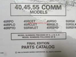 Johnson-Evinrude huolto 1993, 40, 45, 55 COMM Models, final edition Parts catalog, katso tarkemmat malli merkinnät kuvasta.